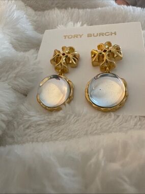 Tory Burch Kira crystal ball logo gold earrings